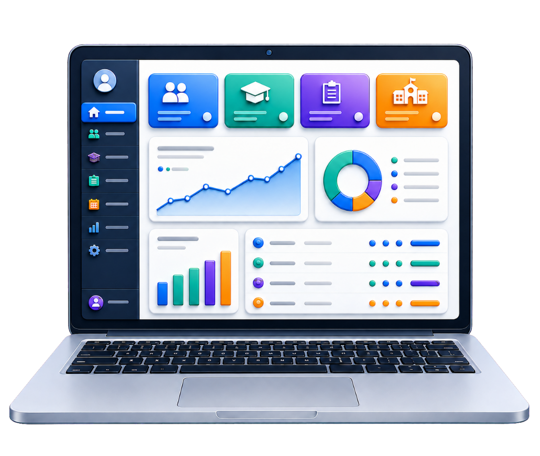 iEasySR dashboard on a laptop, showing student, academic, fee and attendance tiles with charts