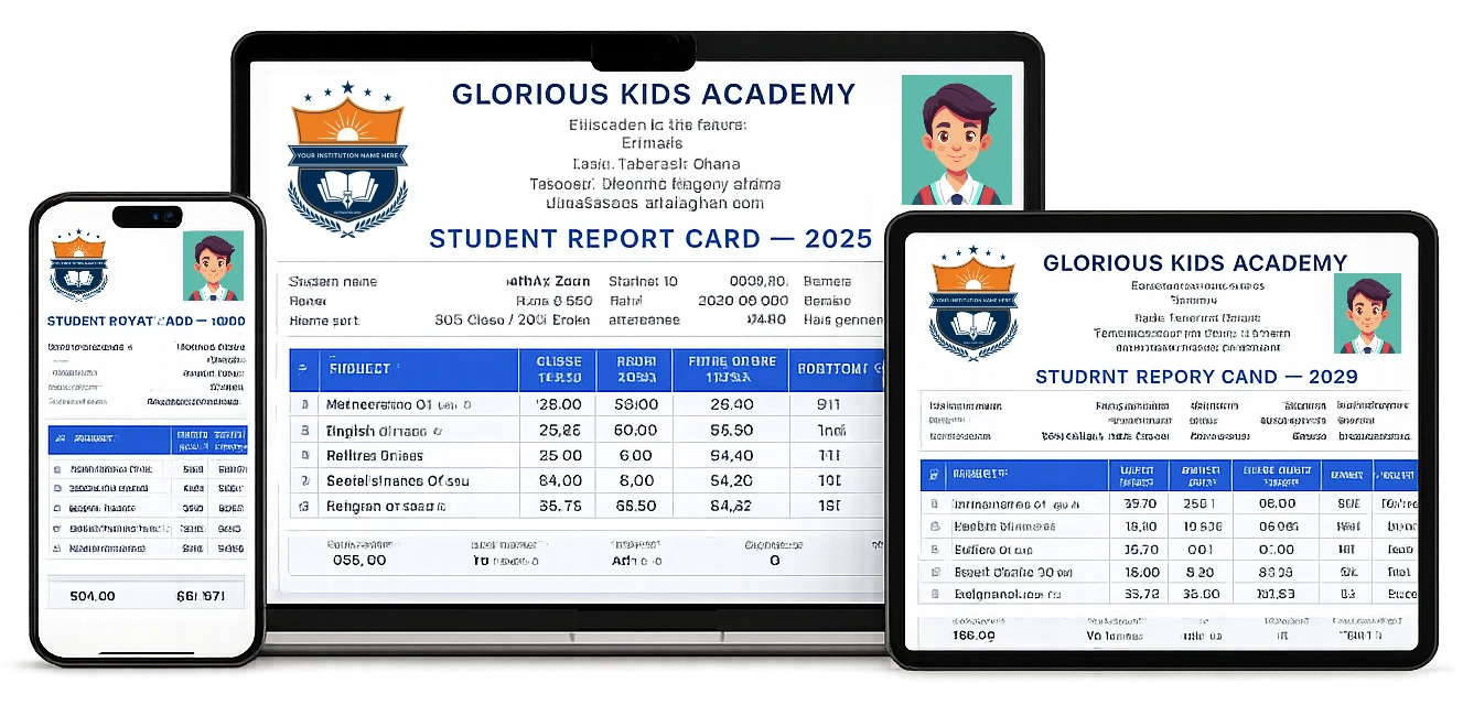 Sample iEasySR student report card for Glorious Kids Academy — shows student details, subject scores, position, grade and remarks.